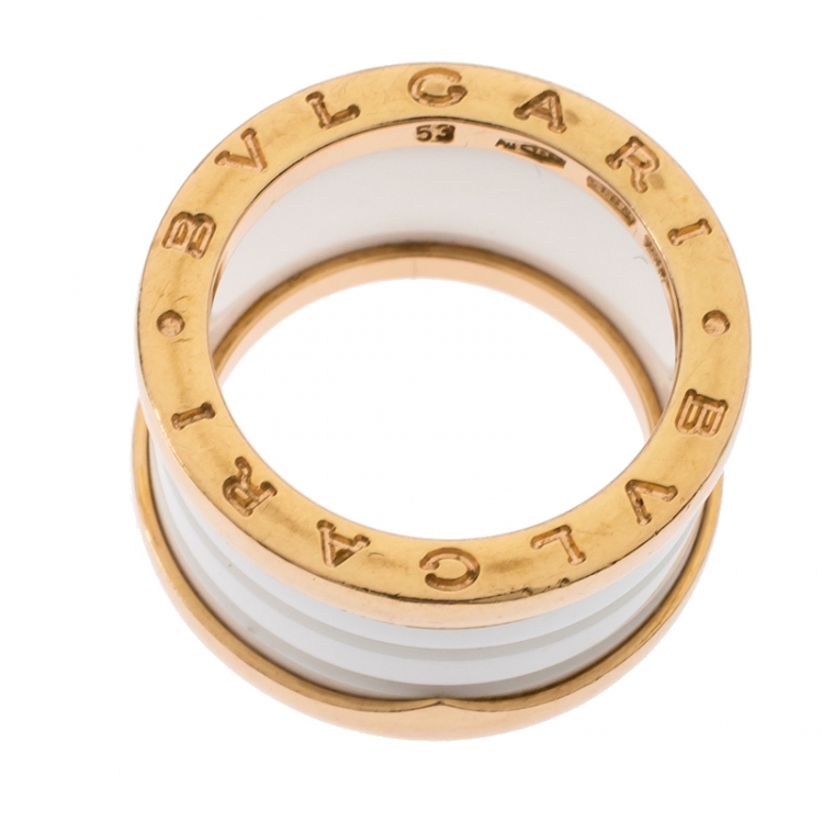 Pre Owned Bvlgari B.Zero1 4 Band White Ceramic 18k Yellow Gold Ring Size 53