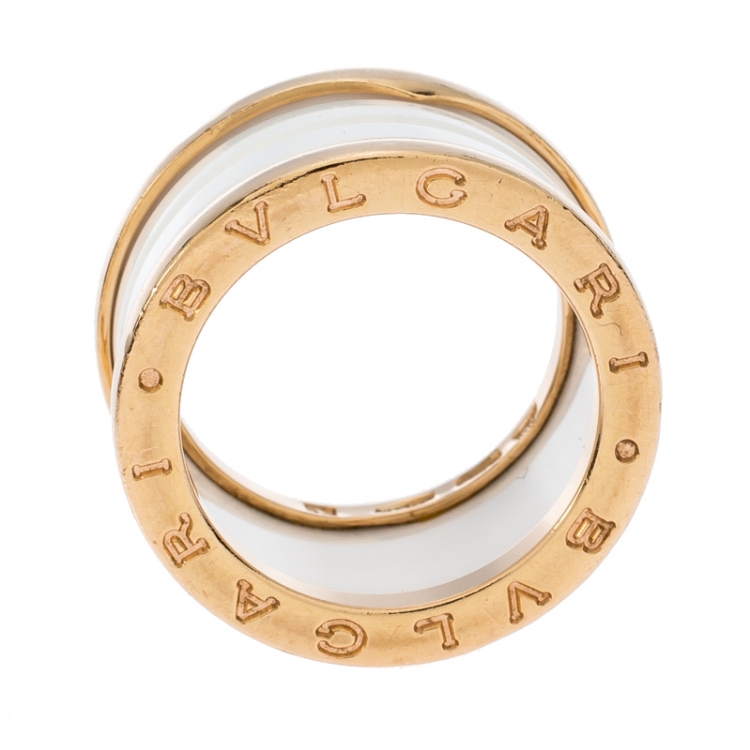 Pre Owned Bvlgari B.Zero1 4 Band White Ceramic 18k Yellow Gold Ring Size 53