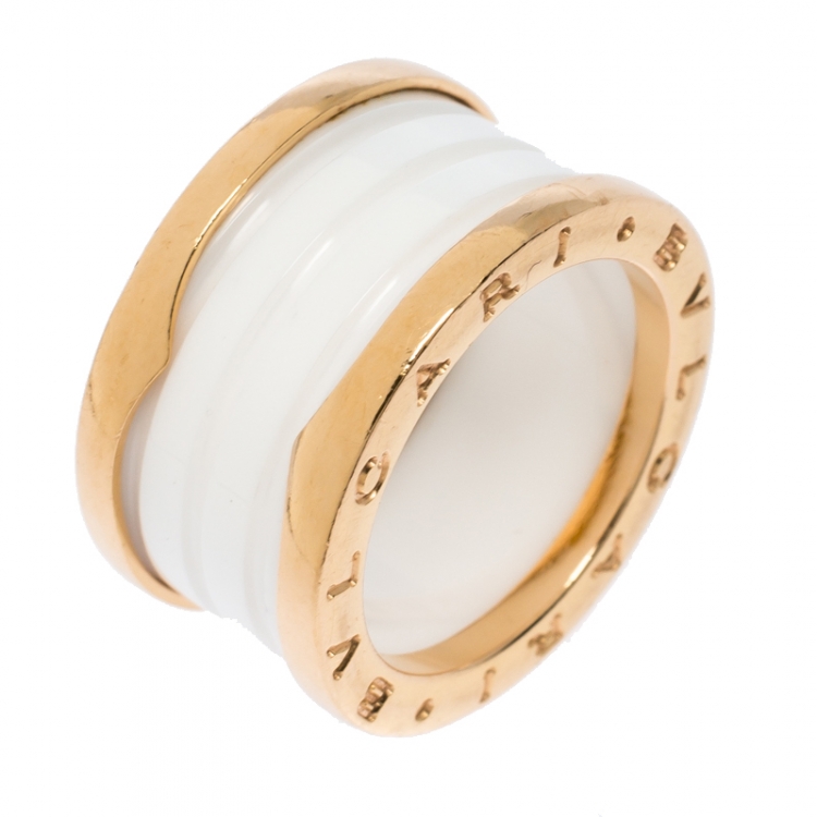 Pre Owned Bvlgari B.Zero1 4 Band White Ceramic 18k Yellow Gold Ring Size 53