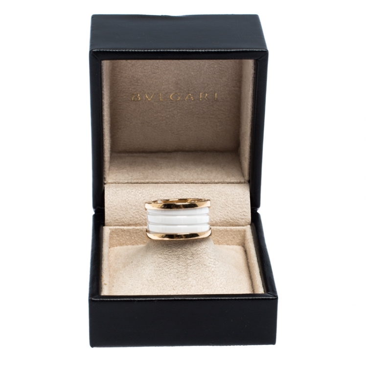 Pre Owned Bvlgari B.Zero1 4 Band White Ceramic 18k Yellow Gold Ring Size 53