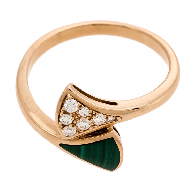 Pre Owned Bvlgari Divas' Dream Diamond Malachite 18K Rose Gold Ring Size 53