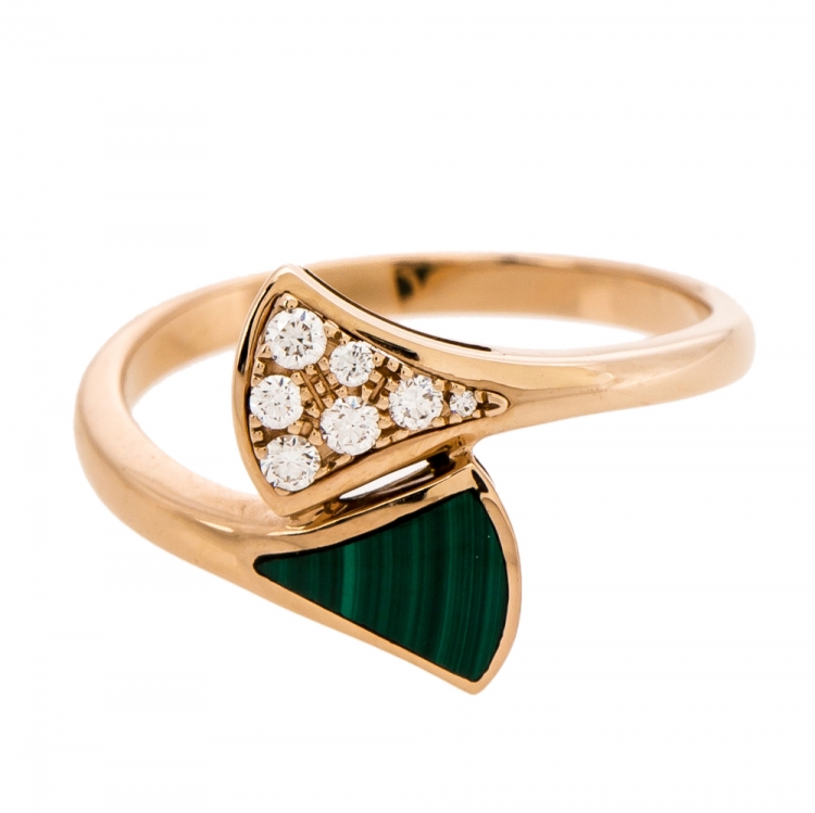 Pre Owned Bvlgari Divas' Dream Diamond Malachite 18K Rose Gold Ring Size 53