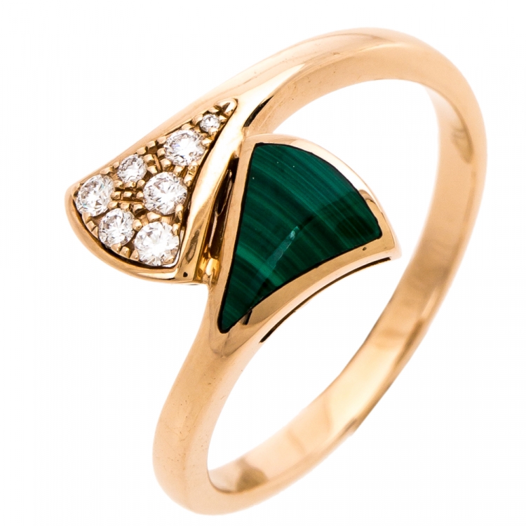 Pre Owned Bvlgari Divas' Dream Diamond Malachite 18K Rose Gold Ring Size 53