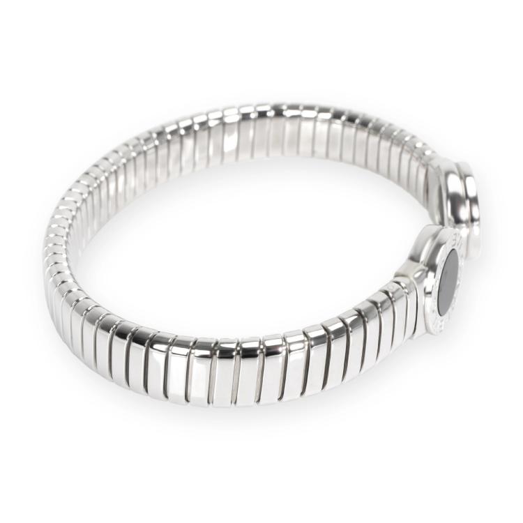 Pre Owned Bvlgari Tubogas Onyx Stainless Steel Cuff Bangle 