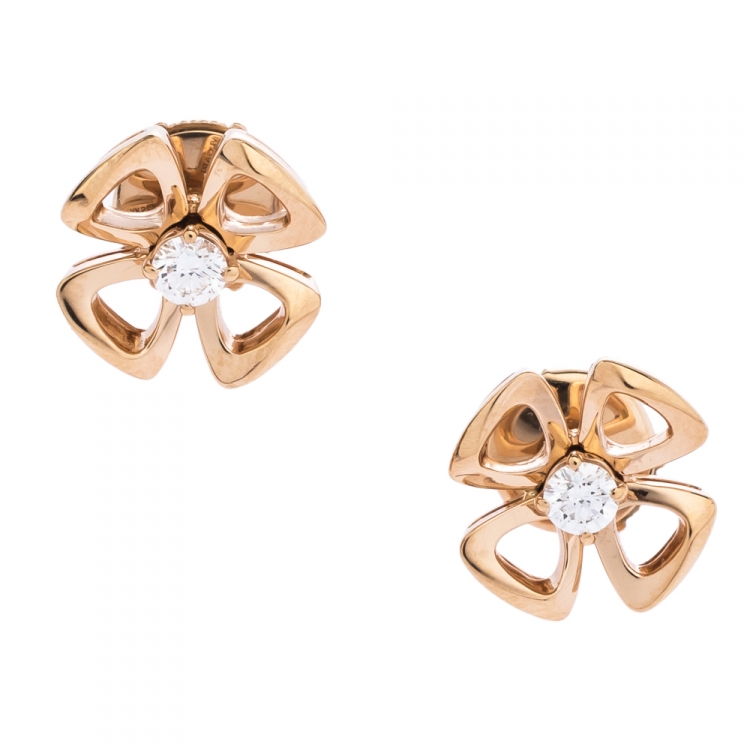 Pre Owned Bvlgari Fiorever Diamond 18K Rose Gold Flower Stud Earrings 