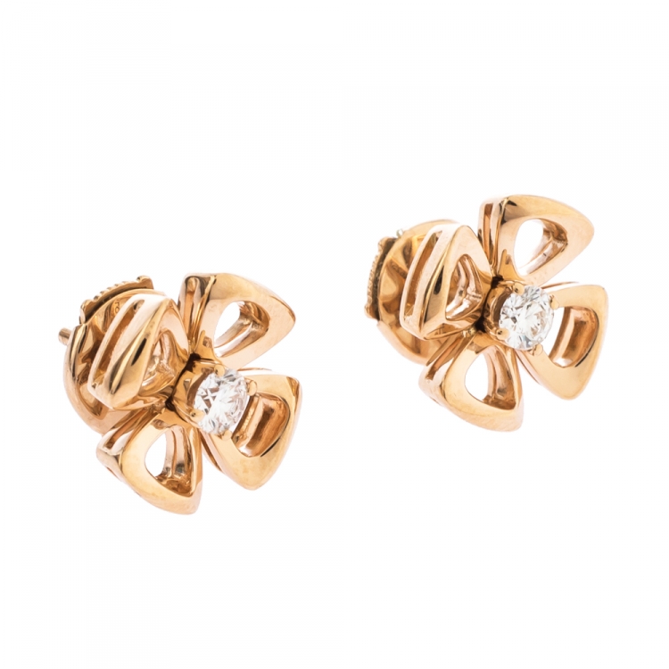 Pre Owned Bvlgari Fiorever Diamond 18K Rose Gold Flower Stud Earrings 