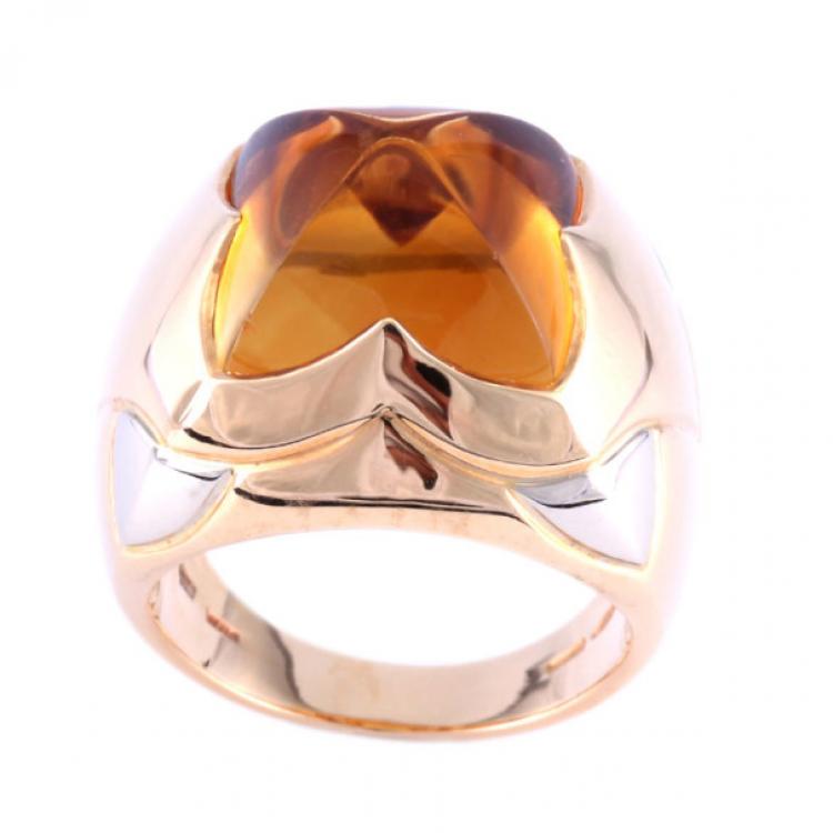 Pre Owned Bvlgari Vintage Pyramid Citrine 18k Yellow Gold Ring Size 52