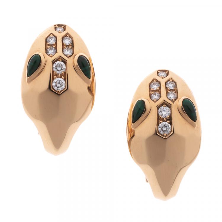 Pre Owned Bvlgari Serpenti Diamond Malachite 18K Rose Gold Stud Earrings 
