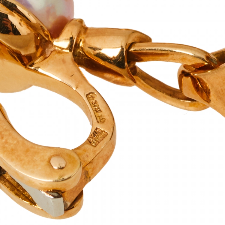 Pre Owned Bvlgari Allegra Cultured Pearl Diamond Blue Topaz 18k Yellow Gold Clip On Drop Earrings