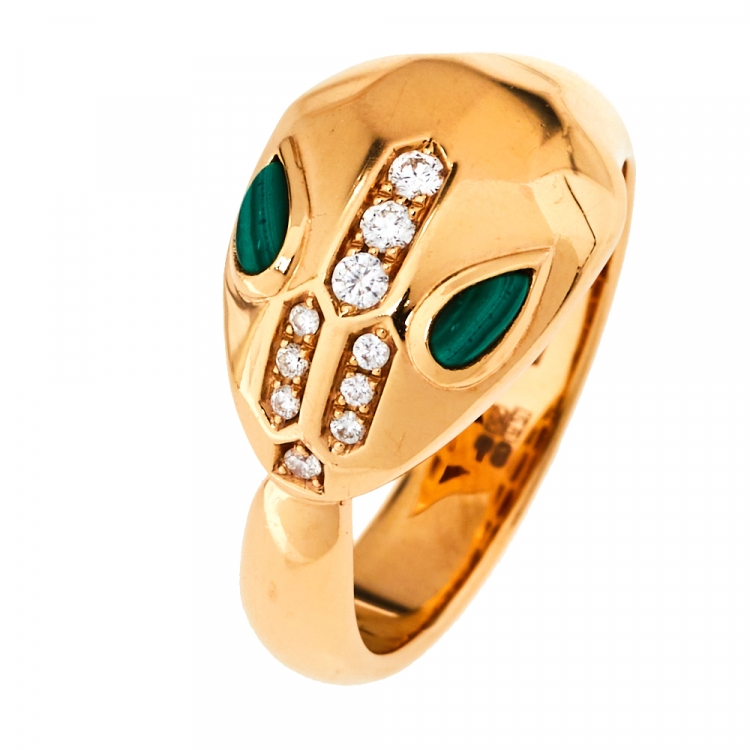 Pre Owned Bvlgari Serpenti Malachite Diamond 18K Rose Gold Ring Size 53