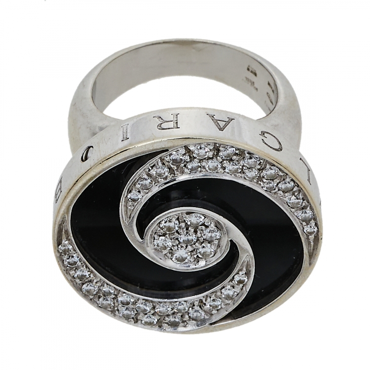 Pre Owned Bvlgari Optical Illusion Black Onyx Diamond 18K White Gold Ring Size 51
