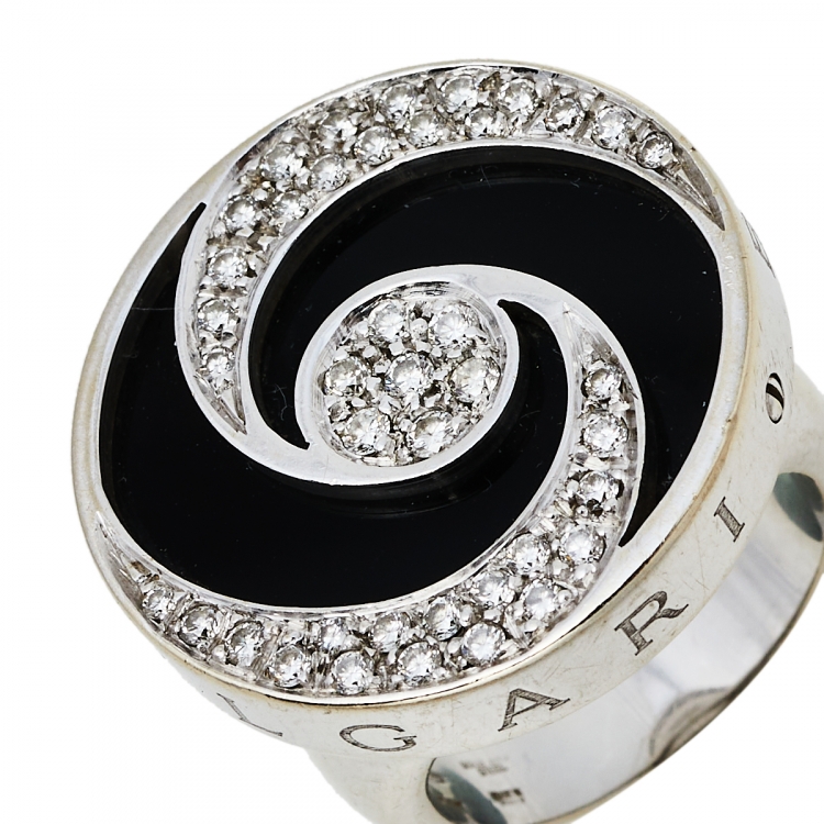 Pre Owned Bvlgari Optical Illusion Black Onyx Diamond 18K White Gold Ring Size 51