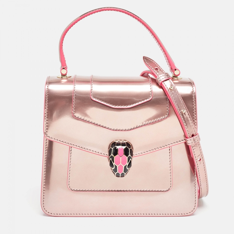 Pre Owned Bvlgari Rose Gold Patent Leather Small Serpenti Forever Top Handle Bag
