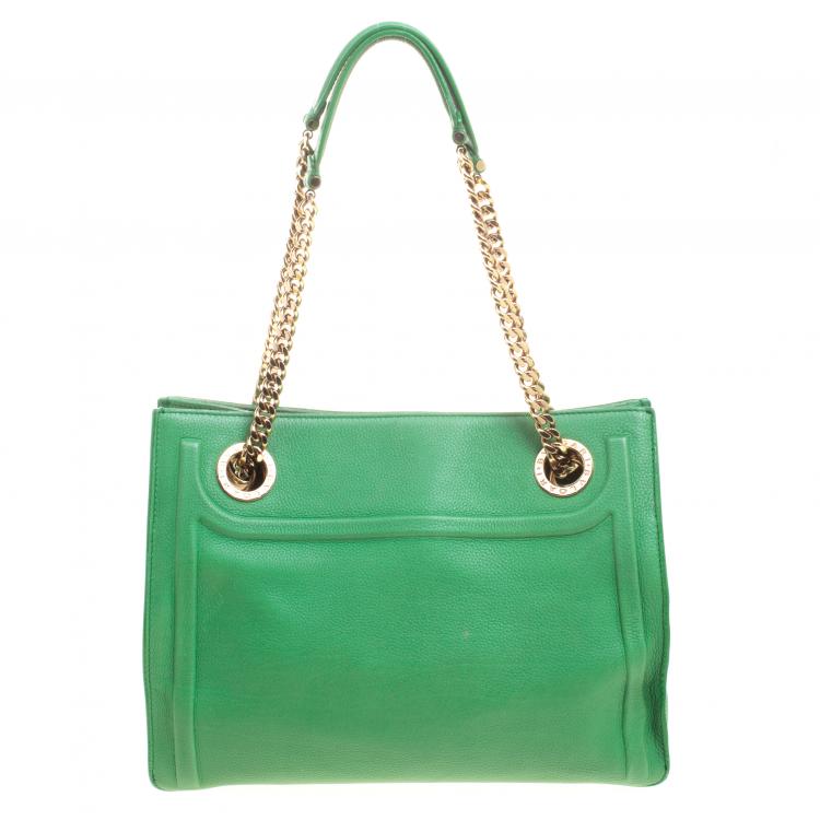 Pre Owned Bvlgari Green Leather Chain Shopping Tote