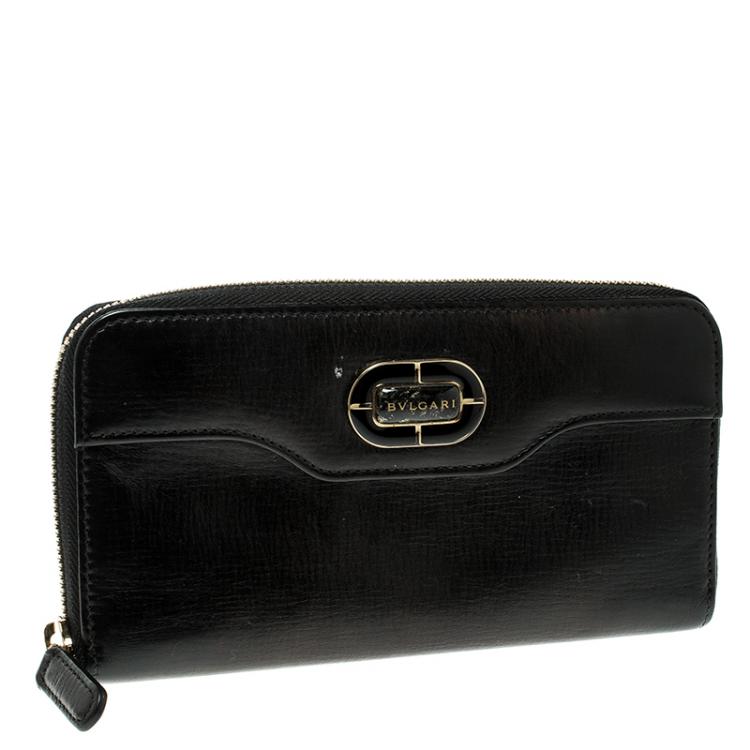 Pre Owned Bvlgari Metallic Black Leather Zip Around Wallet