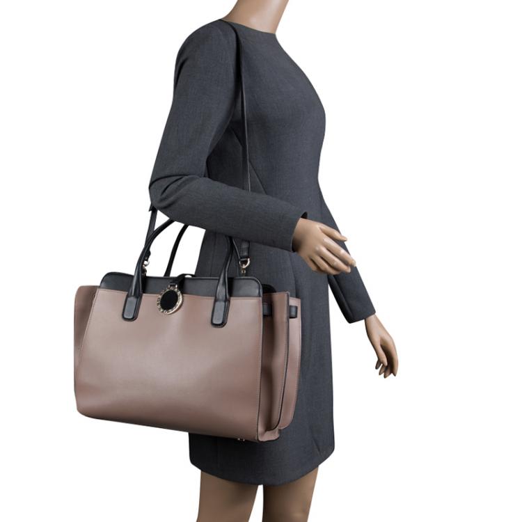 Pre Owned Bvlgari Taupe and Black Leather Tote