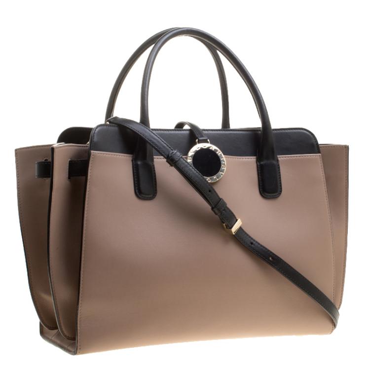 Pre Owned Bvlgari Taupe and Black Leather Tote