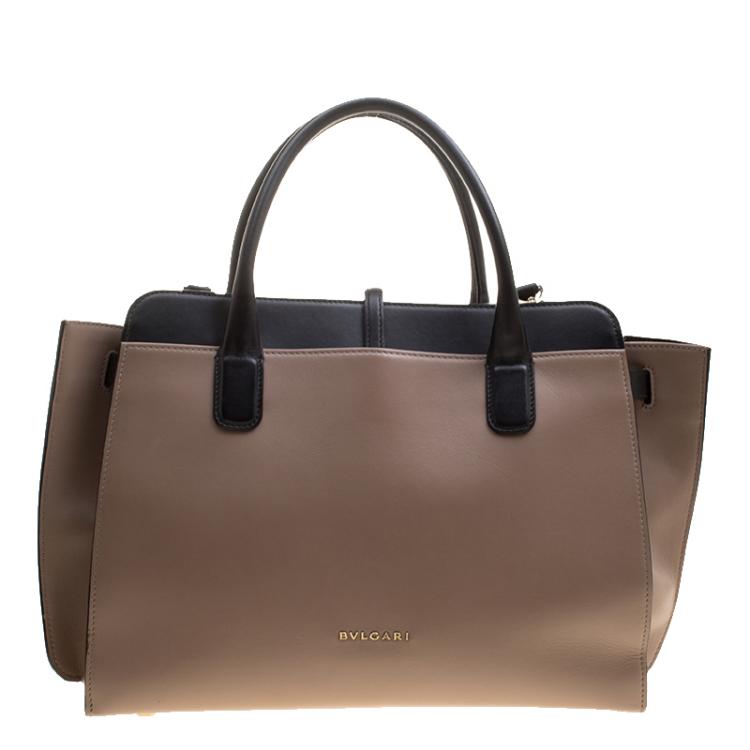 Pre Owned Bvlgari Taupe and Black Leather Tote
