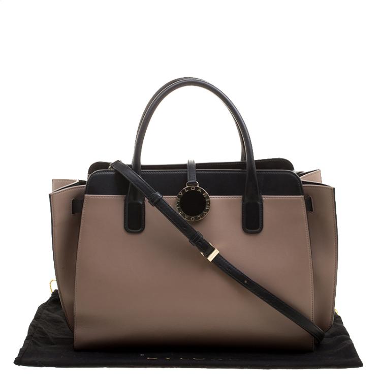 Pre Owned Bvlgari Taupe and Black Leather Tote