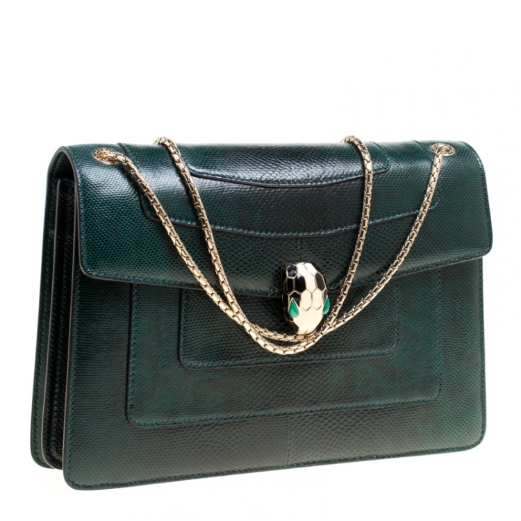 Pre Owned Bvlgari Green Lizard Medium Serpenti Forever Shoulder Bag