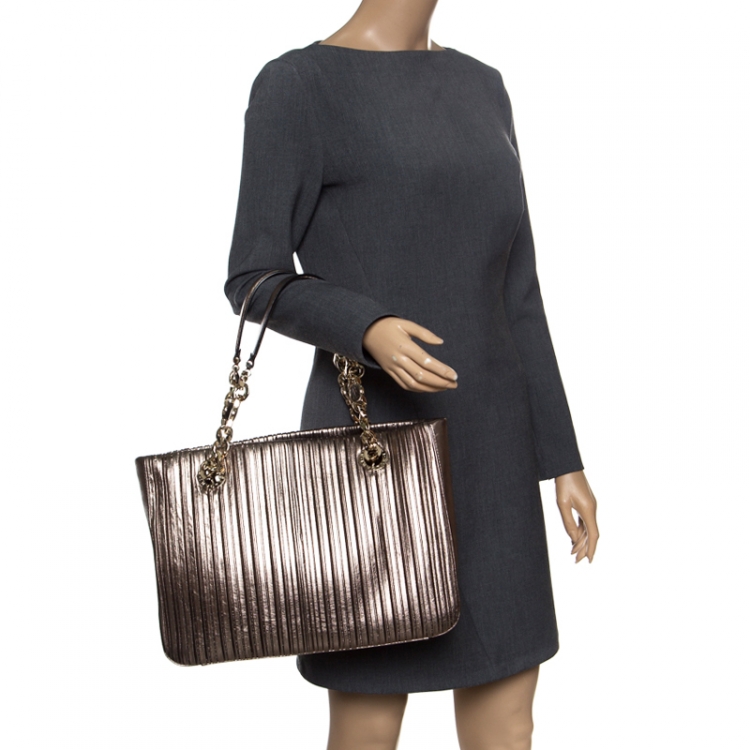 Pre Owned Bvlgari Gun Metal Plisse Leather Monte Shopper Tote