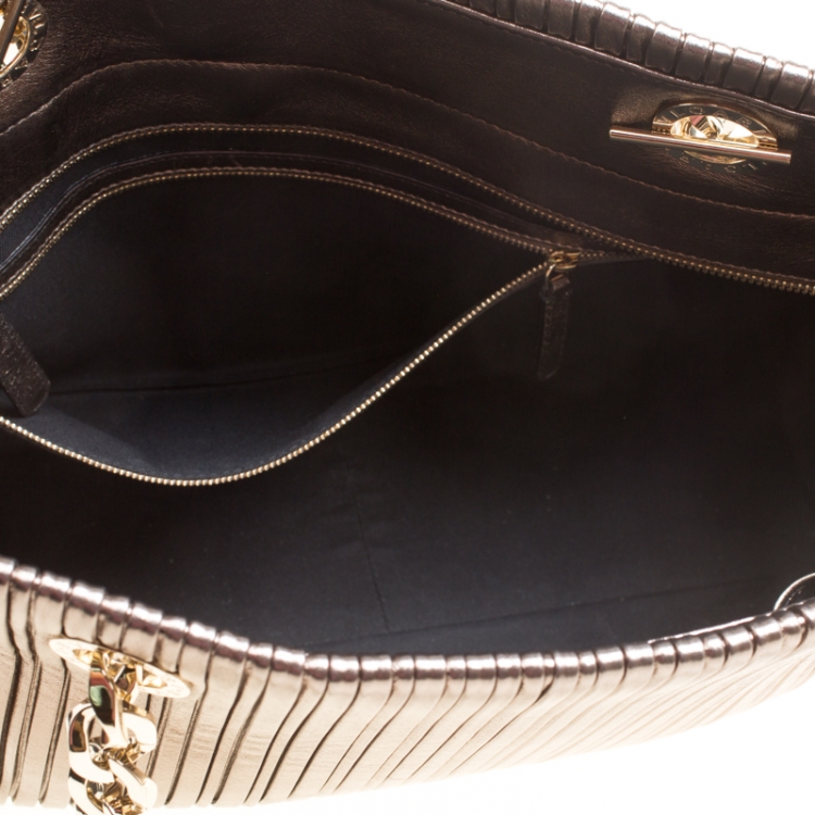Pre Owned Bvlgari Gun Metal Plisse Leather Monte Shopper Tote