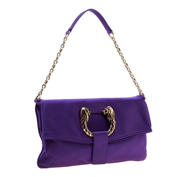 Pre Owned Bvlgari Purple Satin Leoni Flap Clutch Bag