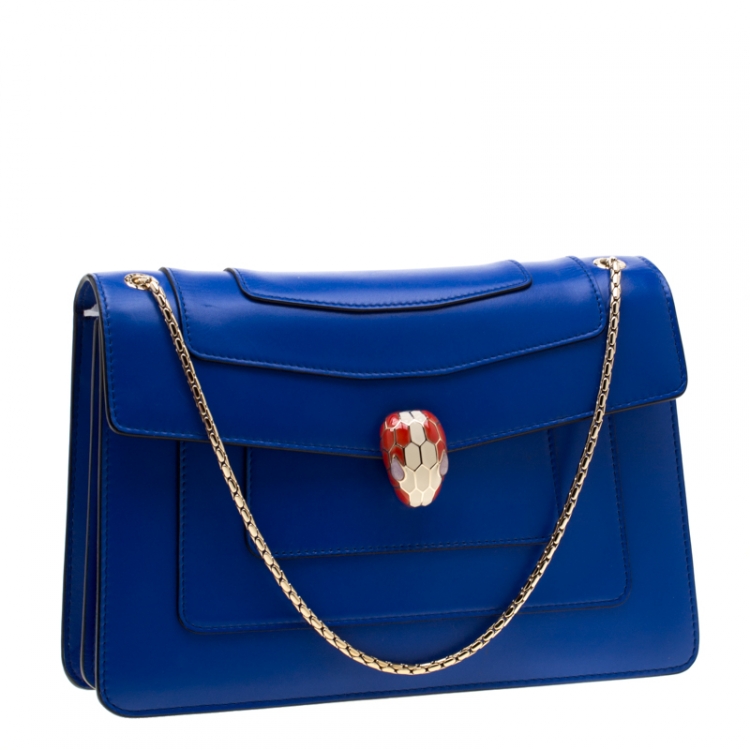 Pre Owned Bvlgari Blue Leather Medium Serpenti Forever Flap Shoulder Bag