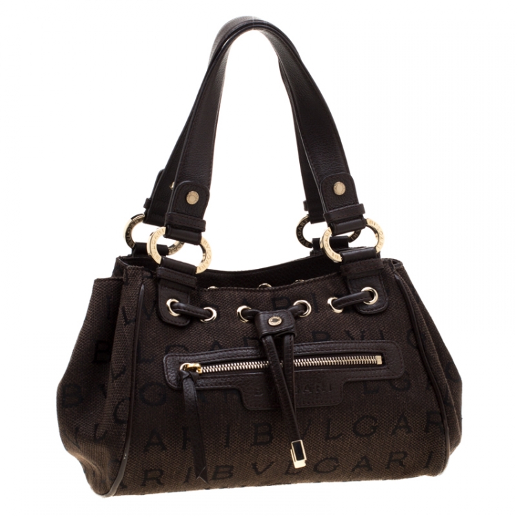 Pre Owned Bvlgari Dark Brown Signature Fabric and Leather Shoulder Bag
