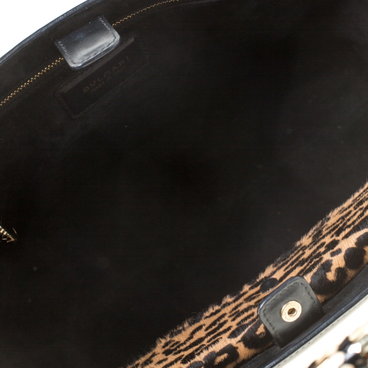 Pre Owned Bvlgari Black/Beige Leather and Leopard Print Calfhair Serpenti Scaglie Tote