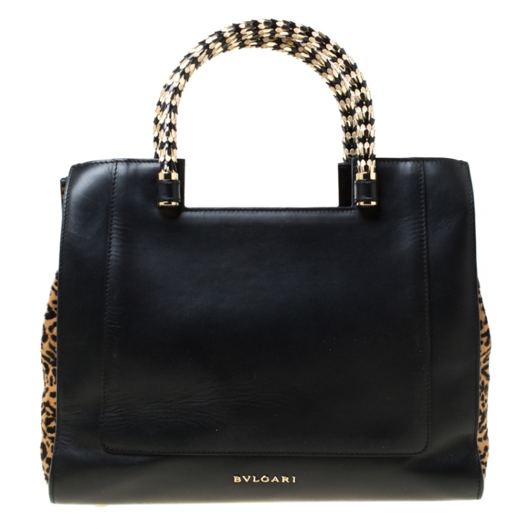 Pre Owned Bvlgari Black/Beige Leather and Leopard Print Calfhair Serpenti Scaglie Tote