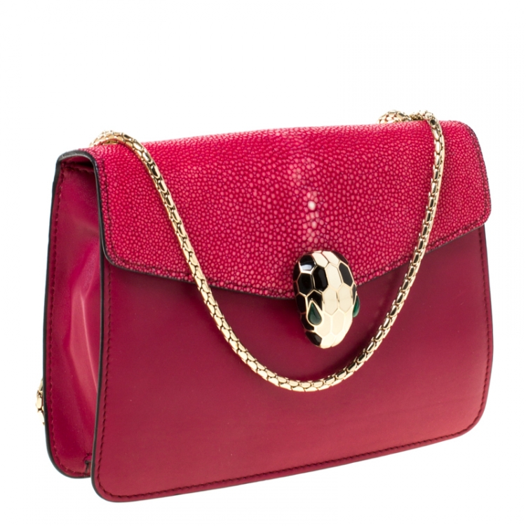Pre Owned Bvlgari Dark Pink Leather and Stingray Serpenti Forever Shoulder Bag