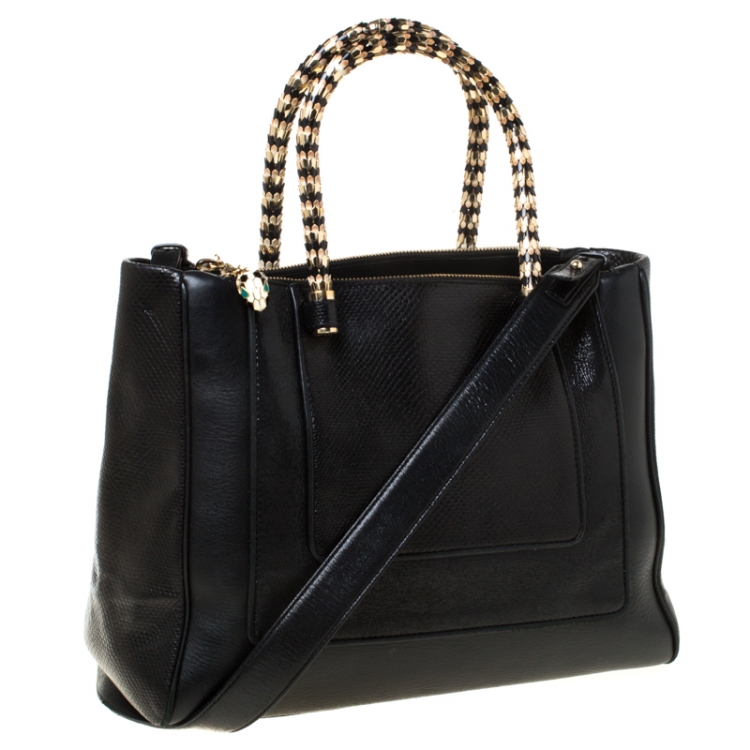 Pre Owned Bvlgari Black Snakeskin and Leather Medium Serpenti Tote