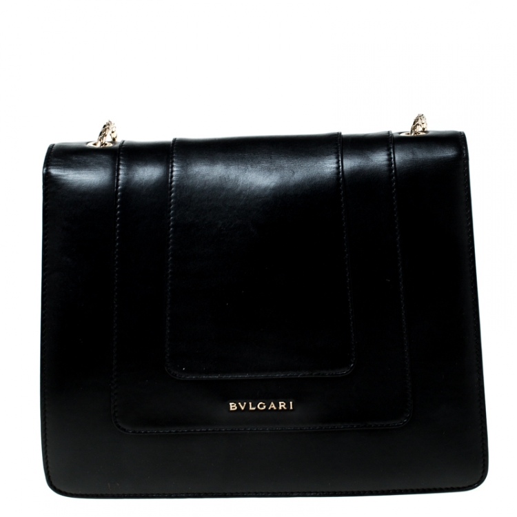 Pre Owned Bvlgari Black Leather Medium Serpenti Forever Flap Shoulder Bag