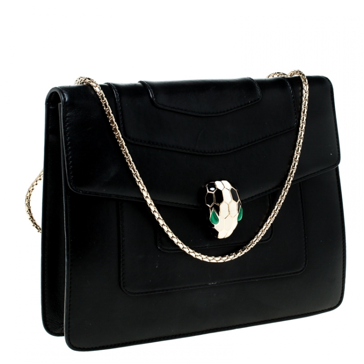 Pre Owned Bvlgari Black Leather Medium Serpenti Forever Flap Shoulder Bag