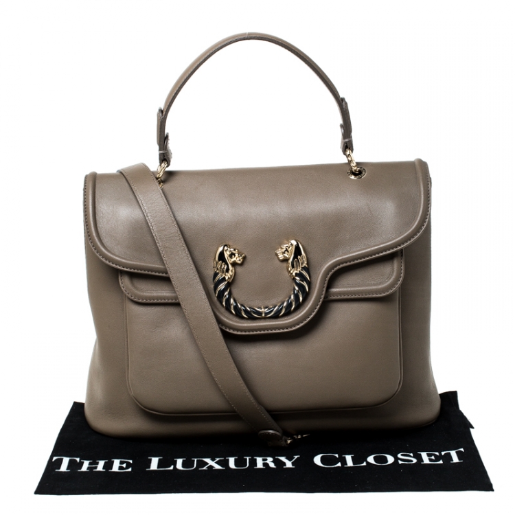 Pre Owned Bvlgari Olive Green Leather Leoni Top Handle Bag 