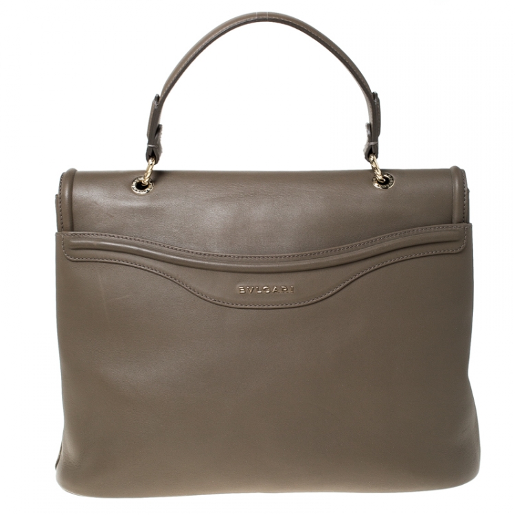 Pre Owned Bvlgari Olive Green Leather Leoni Top Handle Bag 
