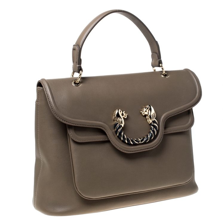Pre Owned Bvlgari Olive Green Leather Leoni Top Handle Bag 
