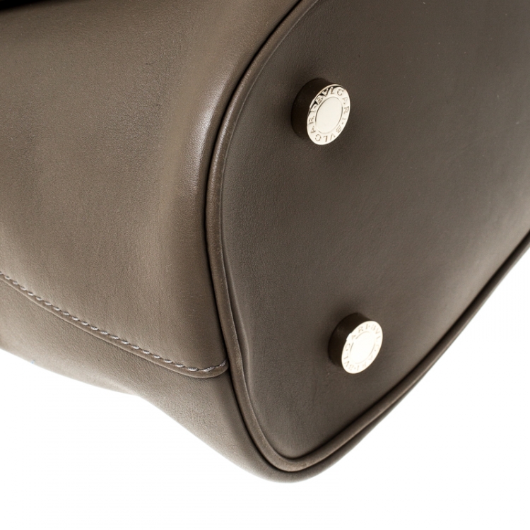 Pre Owned Bvlgari Olive Green Leather Leoni Top Handle Bag 