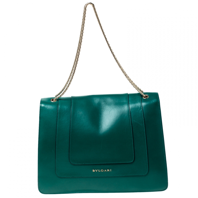 Pre Owned Bvlgari Green Leather Large Serpenti Forever Flap Bag