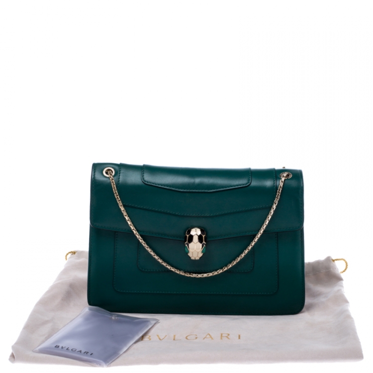 Pre Owned Bvlgari Green Leather Medium Serpenti Forever Flap Shoulder Bag