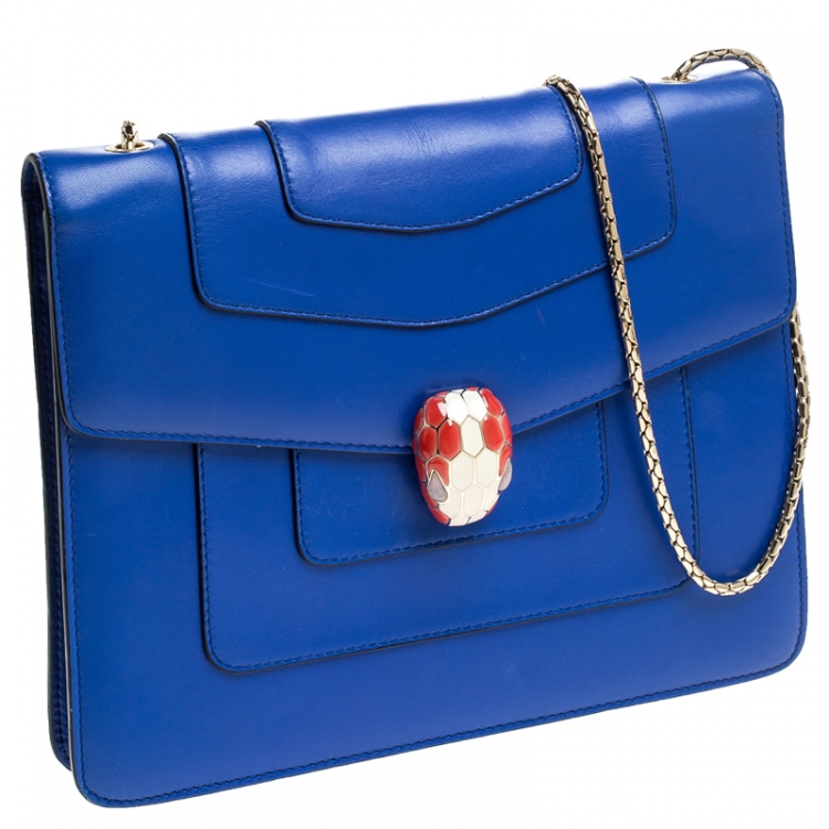 Pre Owned Bvlgari Blue Leather Medium Serpenti Forever Flap Shoulder Bag