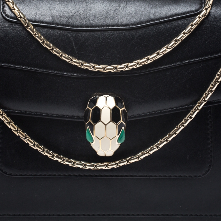 Pre Owned Bvlgari Black Leather Medium Serpenti Forever Flap Shoulder Bag
