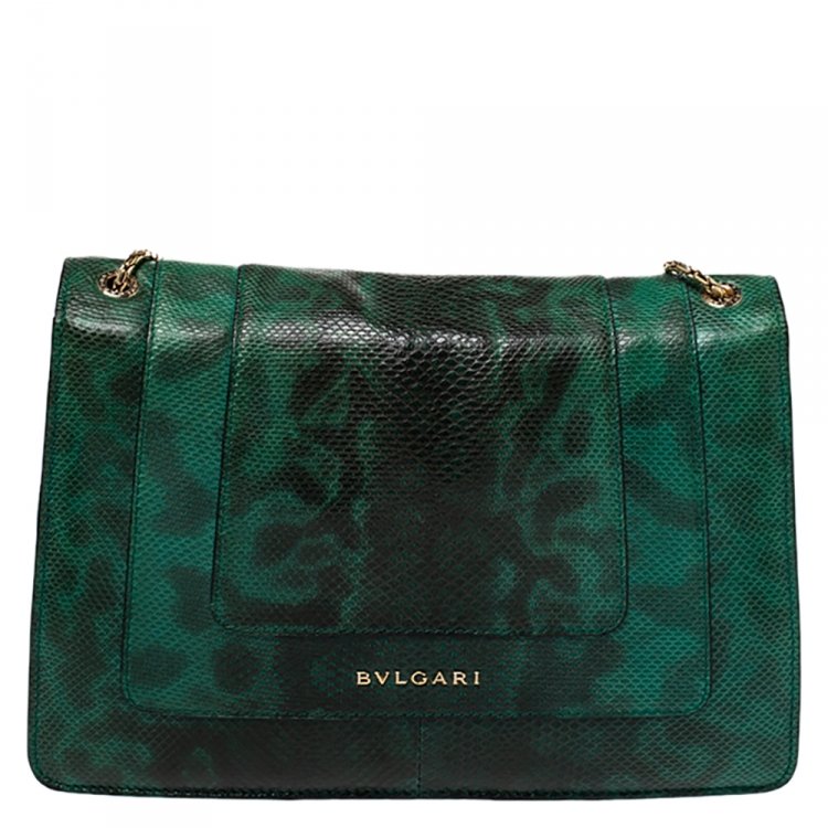Pre Owned Bvlgari Green Karung Medium Serpenti Forever Flap Shoulder Bag