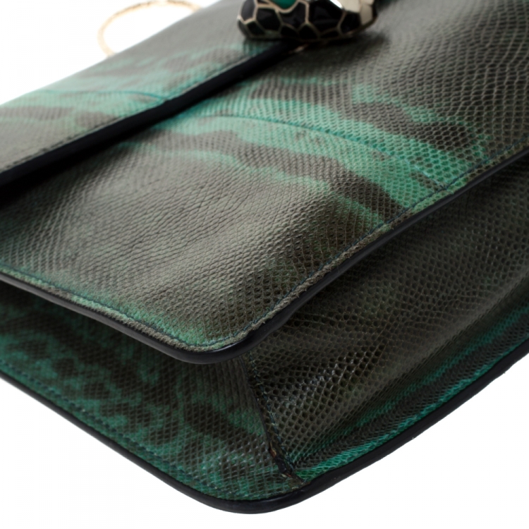 مملوكة مسبقًا Bvlgari Green/Black Lizard Serpenti Forever Flap Shoulder Bag