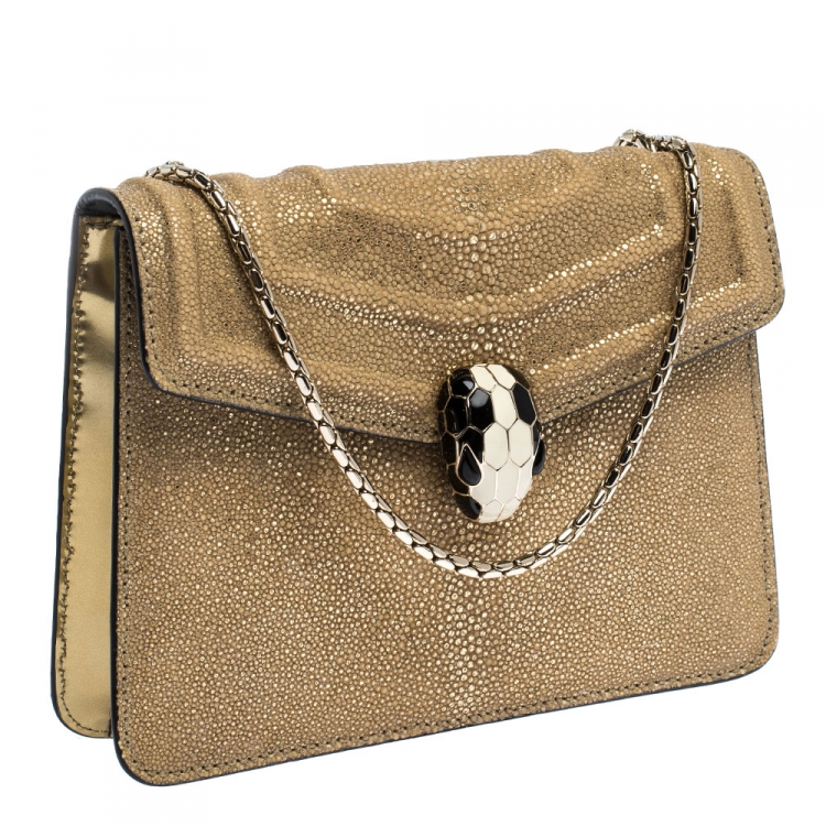 Pre Owned Bvlgari Metallic Gold Stingray and Patent Leather Serpenti Forever Shoulder Bag