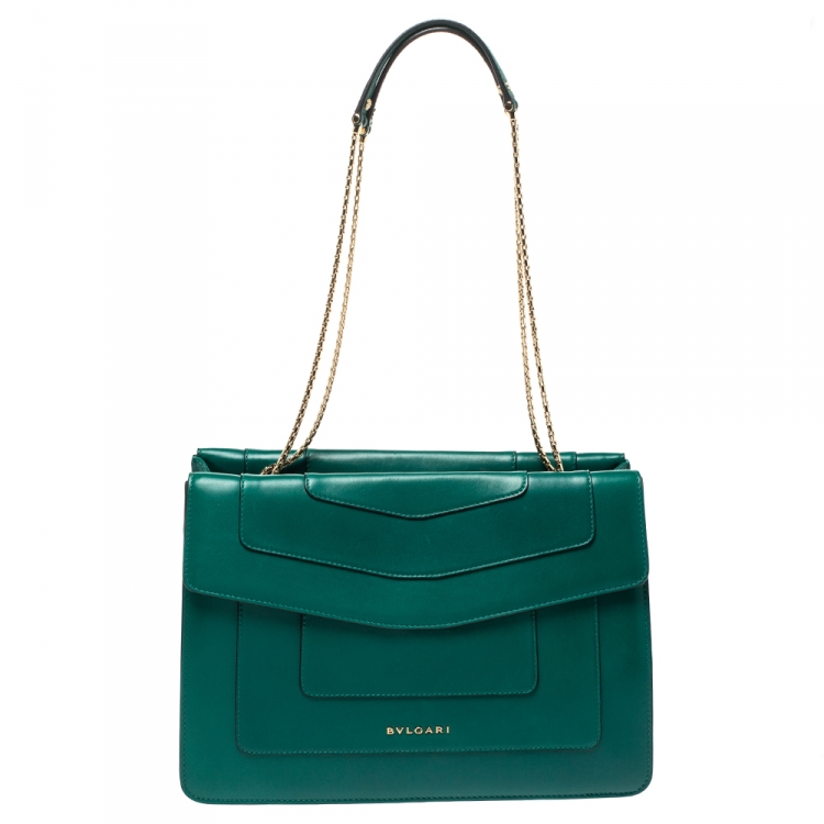 Pre Owned Bvlgari Green Leather  Serpenti Forever Double Flap Shoulder Bag