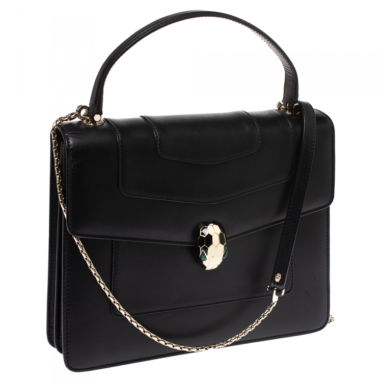 Pre Owned Bvlgari Black Leather Serpenti Forever Flap Bag
