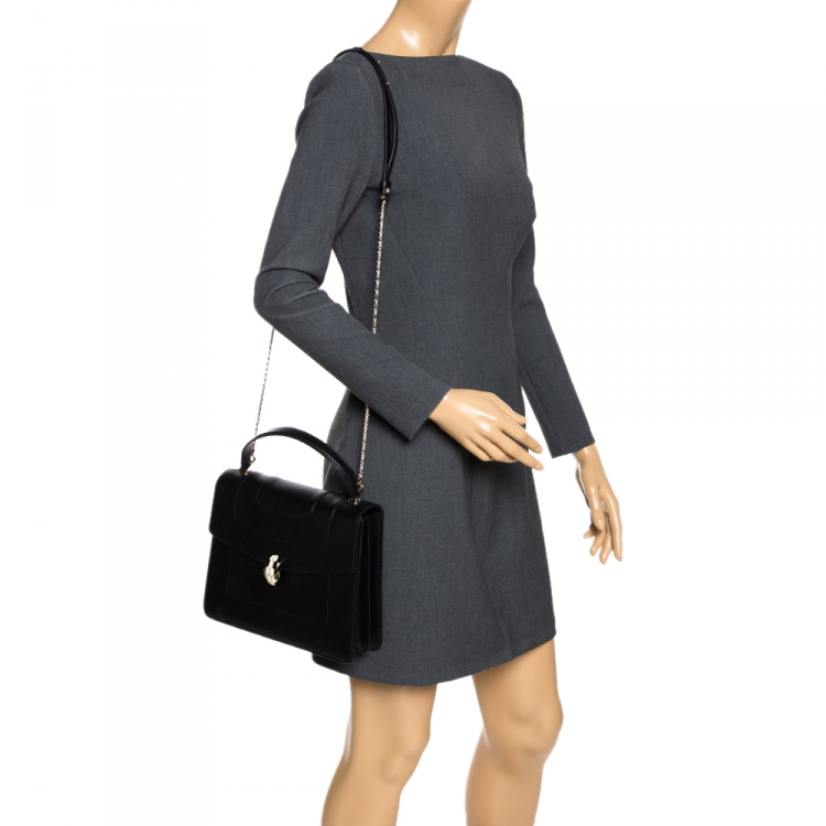 Pre Owned Bvlgari Black Leather Serpenti Forever Flap Bag