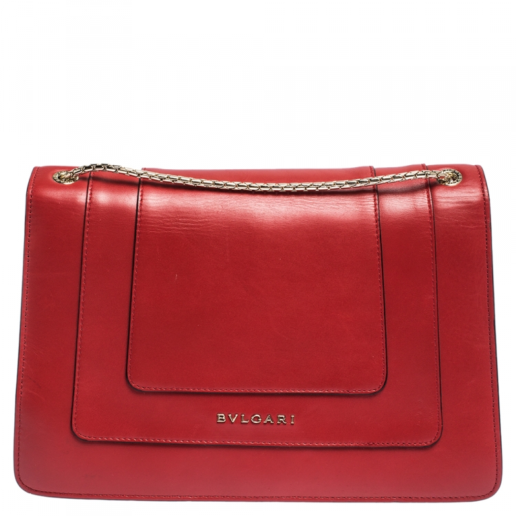 Pre Owned Bvlgari Red Leather Medium Serpenti Forever Flap Shoulder Bag